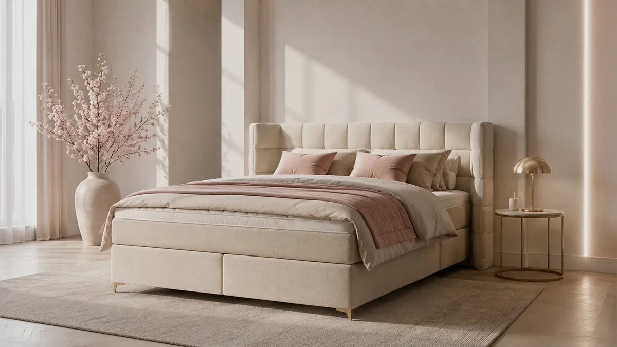 Boxspringbett mit cremefarbenem Bezug in einem hellen Schlafzimmer mit Kirschblüten